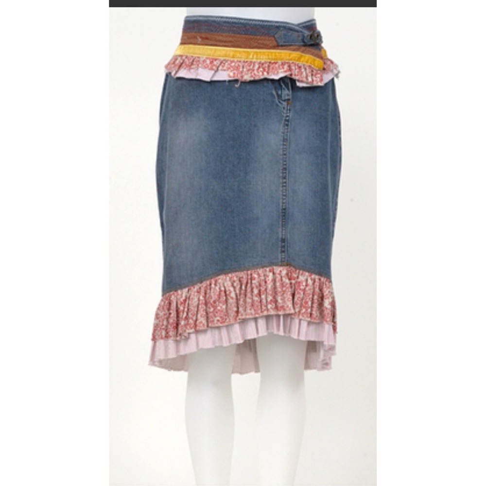 H&M Vintage Denim Skirt Ruffle Trim Waist‎ & Hem Blue Red Midi Womens Size 8